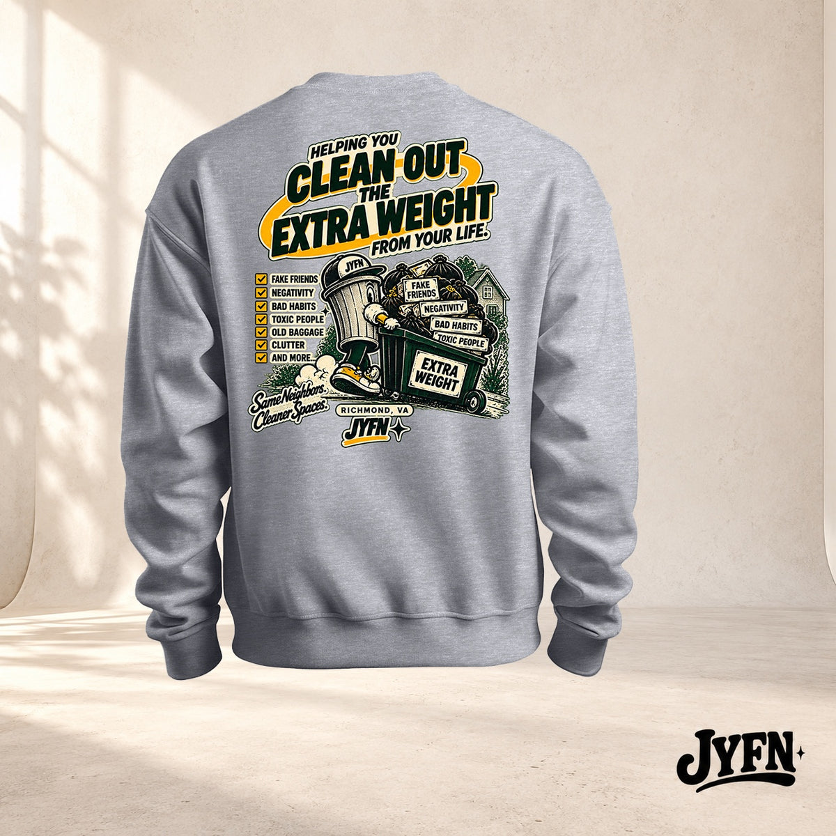 Friendly Neighbor Cleaning Co. gray crewneck sweatshirt back by JYFN